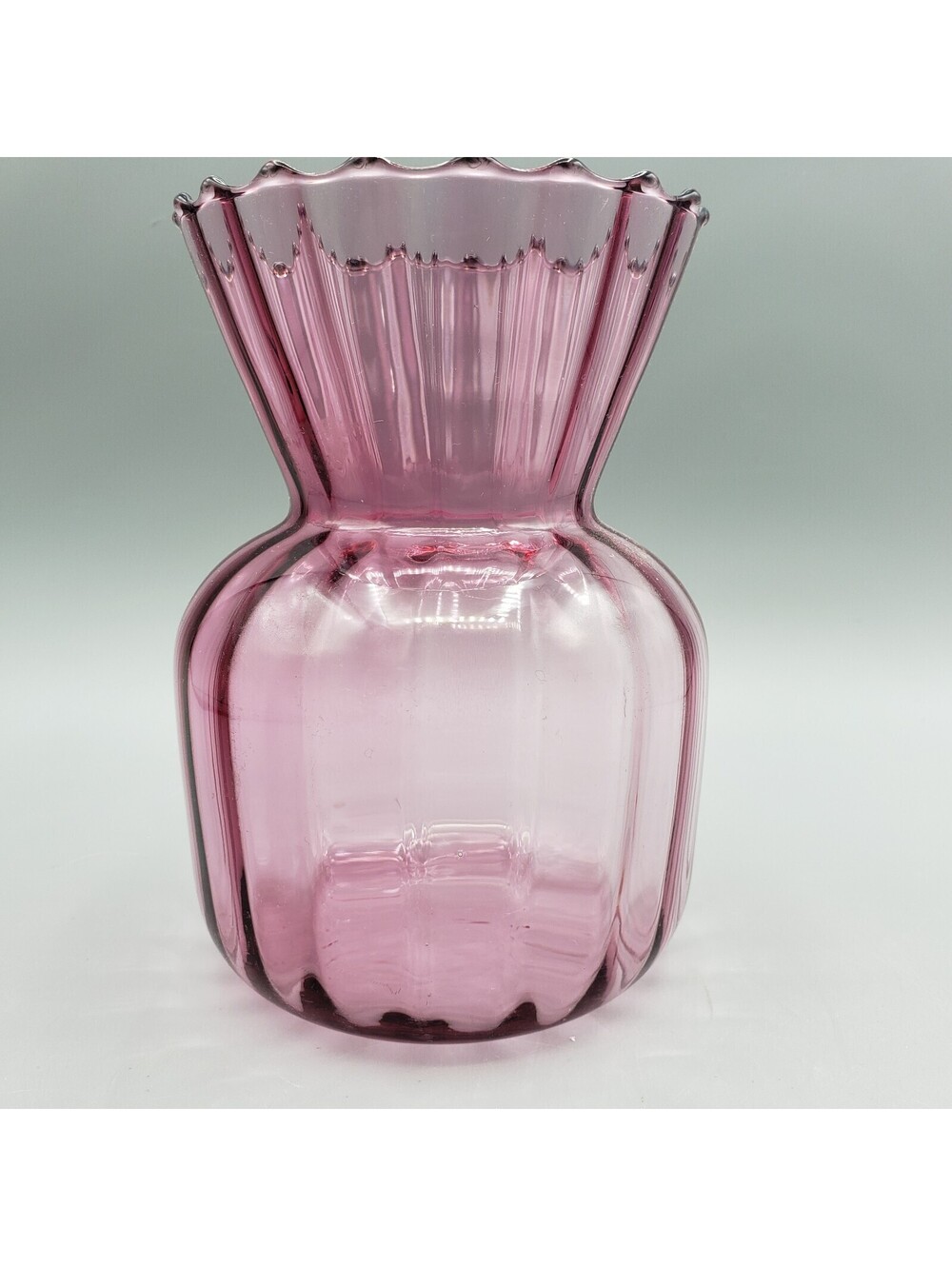 Pilgrim Art Glass Pink Cranberry Vase Ribbed Optic Scalloped Edge 6"